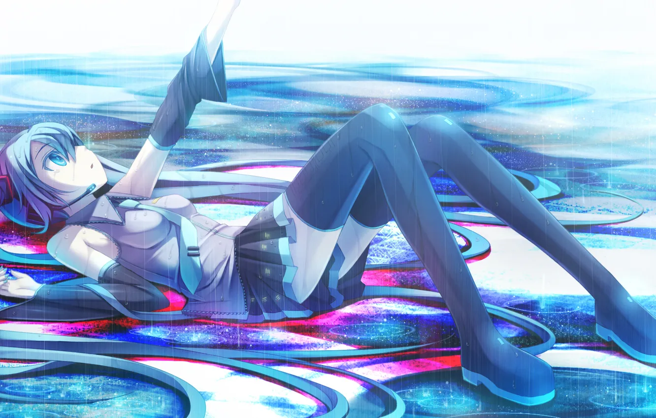 Photo wallpaper girl, rain, art, microphone, vocaloid, hatsune miku, school uniform, Vocaloid
