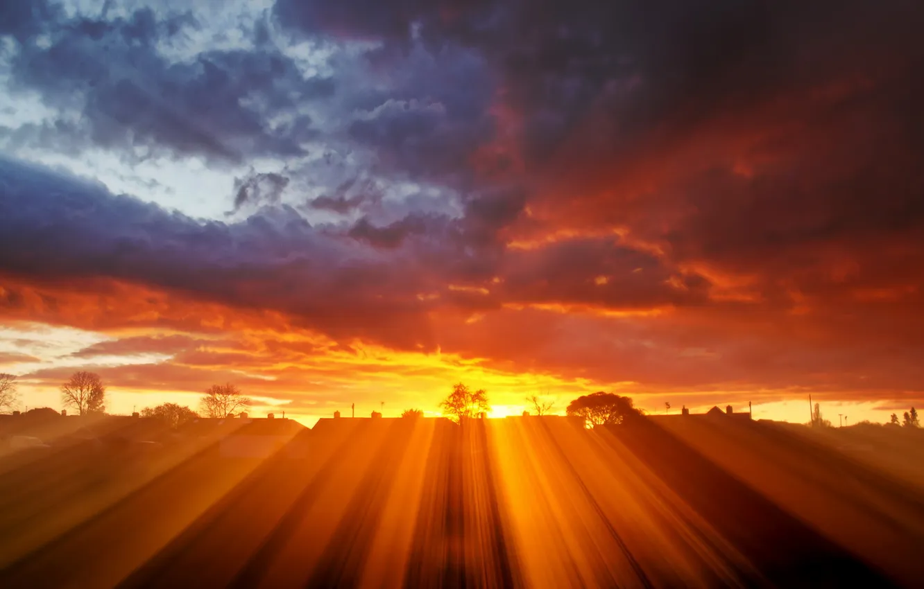 Photo wallpaper the sky, rays, light, landscape, sunset