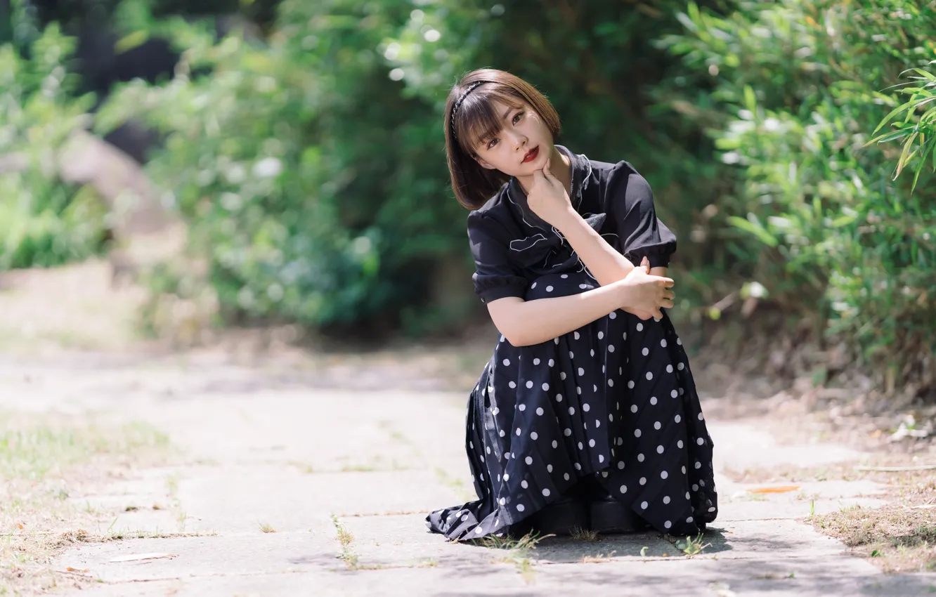 Photo wallpaper girl, sweetheart, Asian, sitting, bokeh