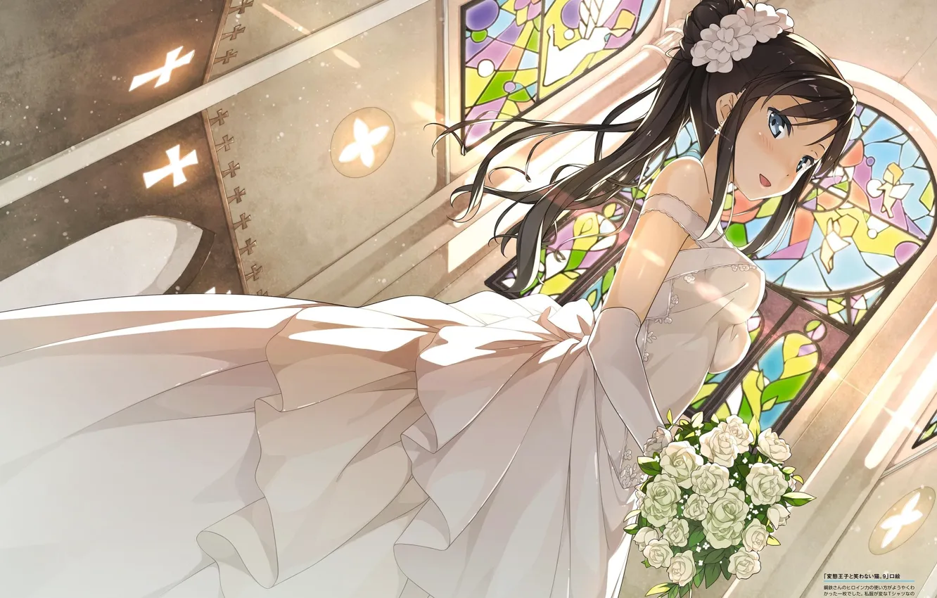 Photo wallpaper stained glass, the bride, veil, wedding dress, the bride's bouquet, the Church, Hentai Ouji to …