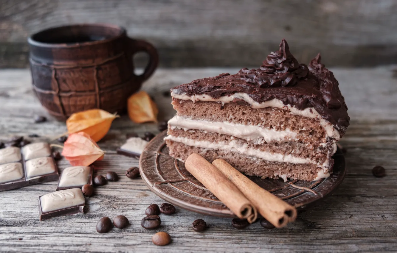 Photo wallpaper coffee, chocolate, grain, Cup, cake, cinnamon, cake, cream
