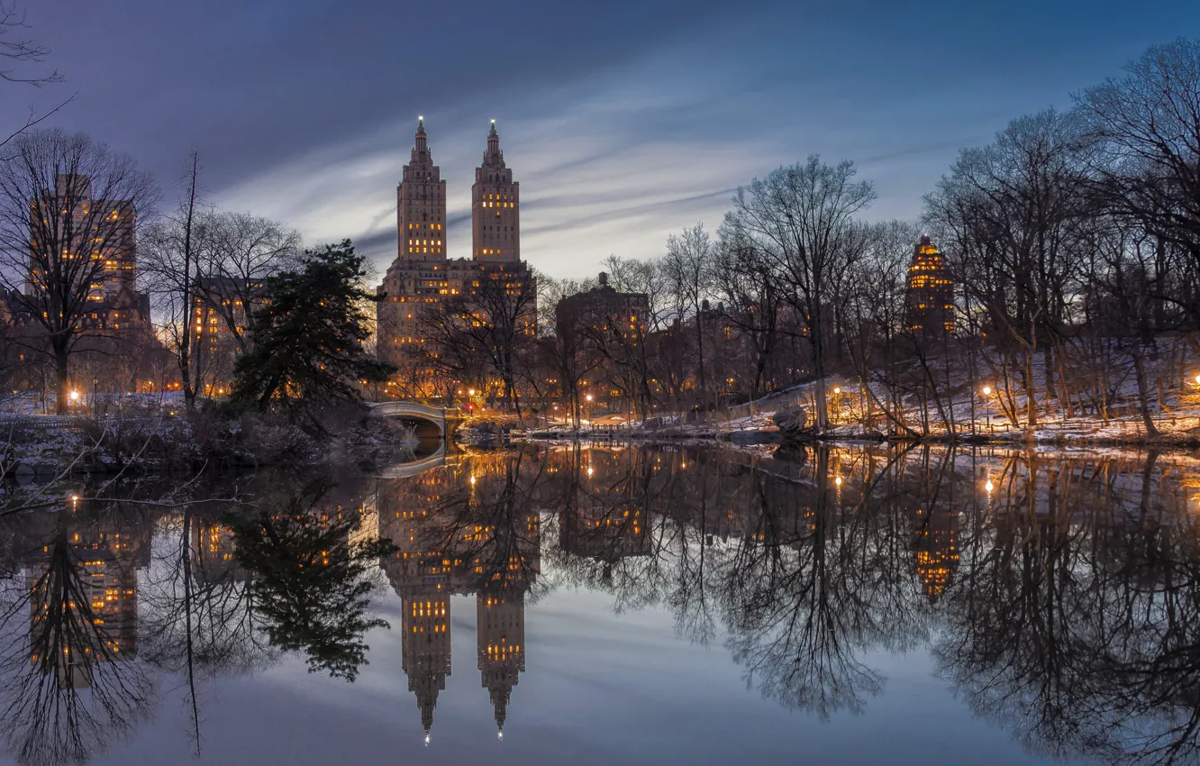 Photo wallpaper trees, lake, Park, reflection, building, New York, Manhattan, Manhattan