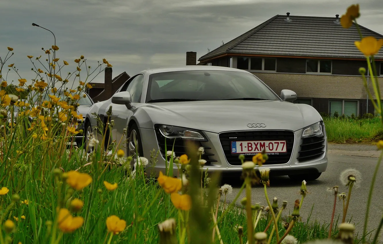 Photo wallpaper road, the sky, grass, clouds, flowers, house, supercar, Audi R8