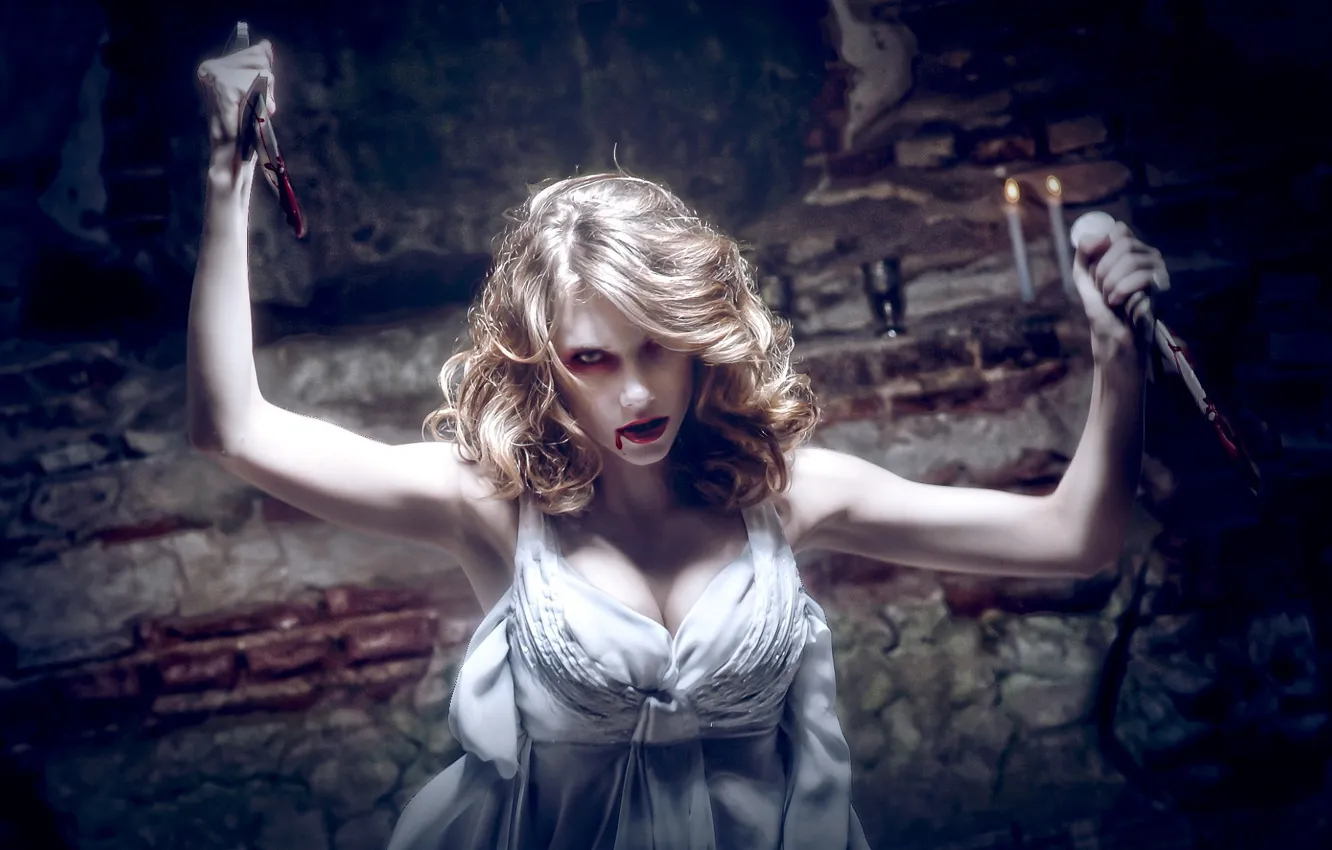 Photo wallpaper look, girl, blood, knife