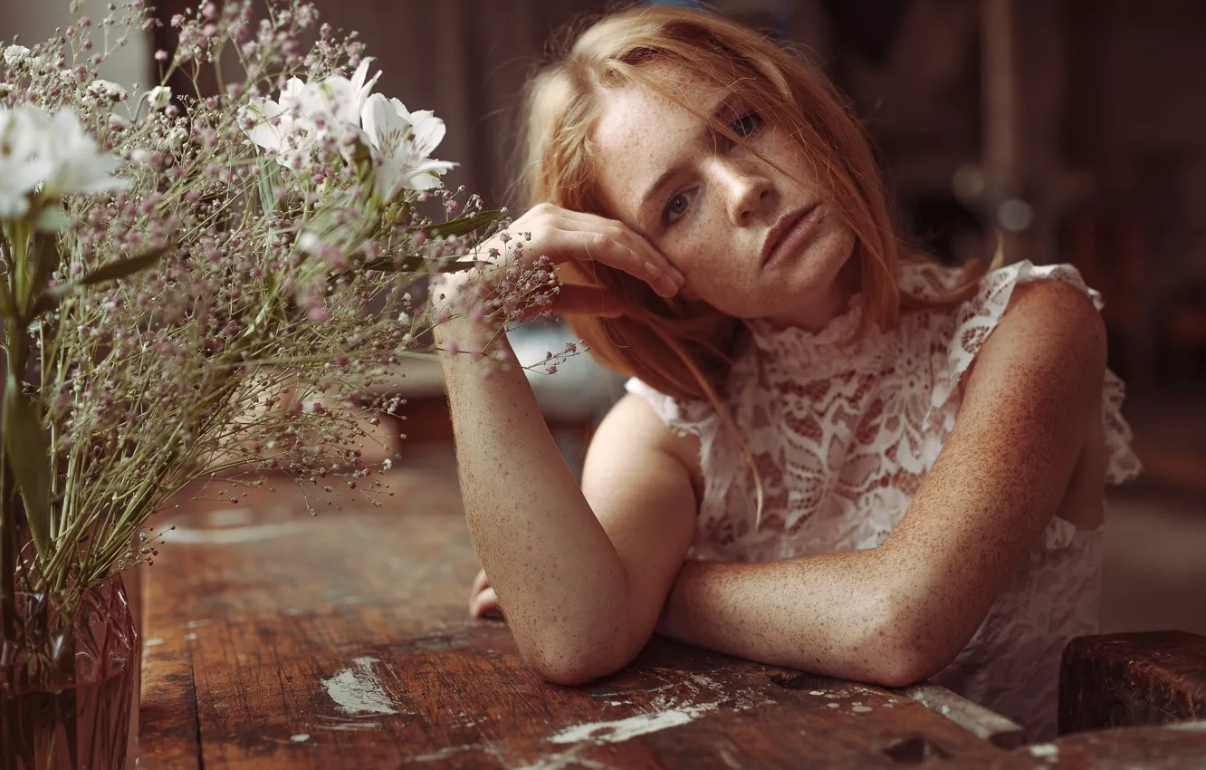 Photo wallpaper look, girl, flowers, mood, freckles, red, redhead, freckled