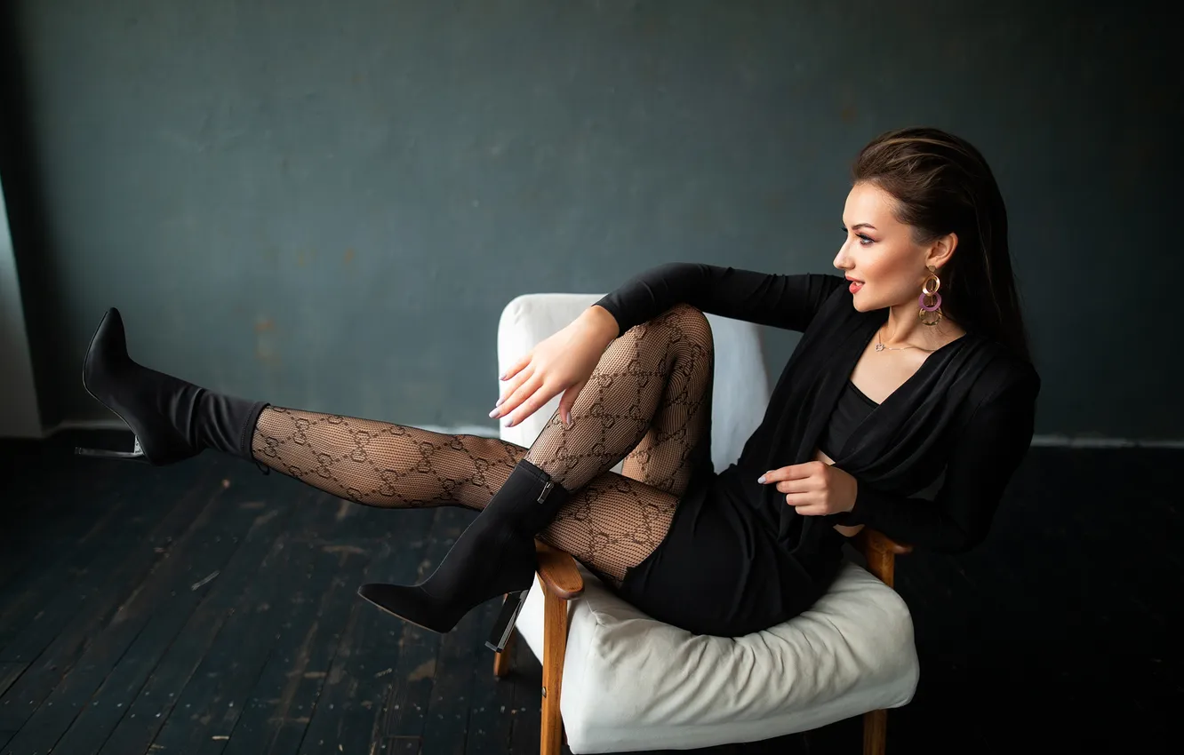 Photo wallpaper girl, pose, chair, tights, legs, ankle boots, Dmitry Shulgin