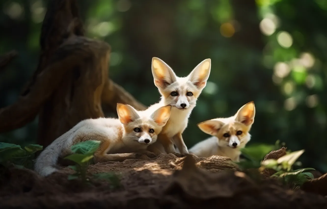 Photo wallpaper forest, nature, Fox, trio, Fenech, digital art, Fennec, Fenech