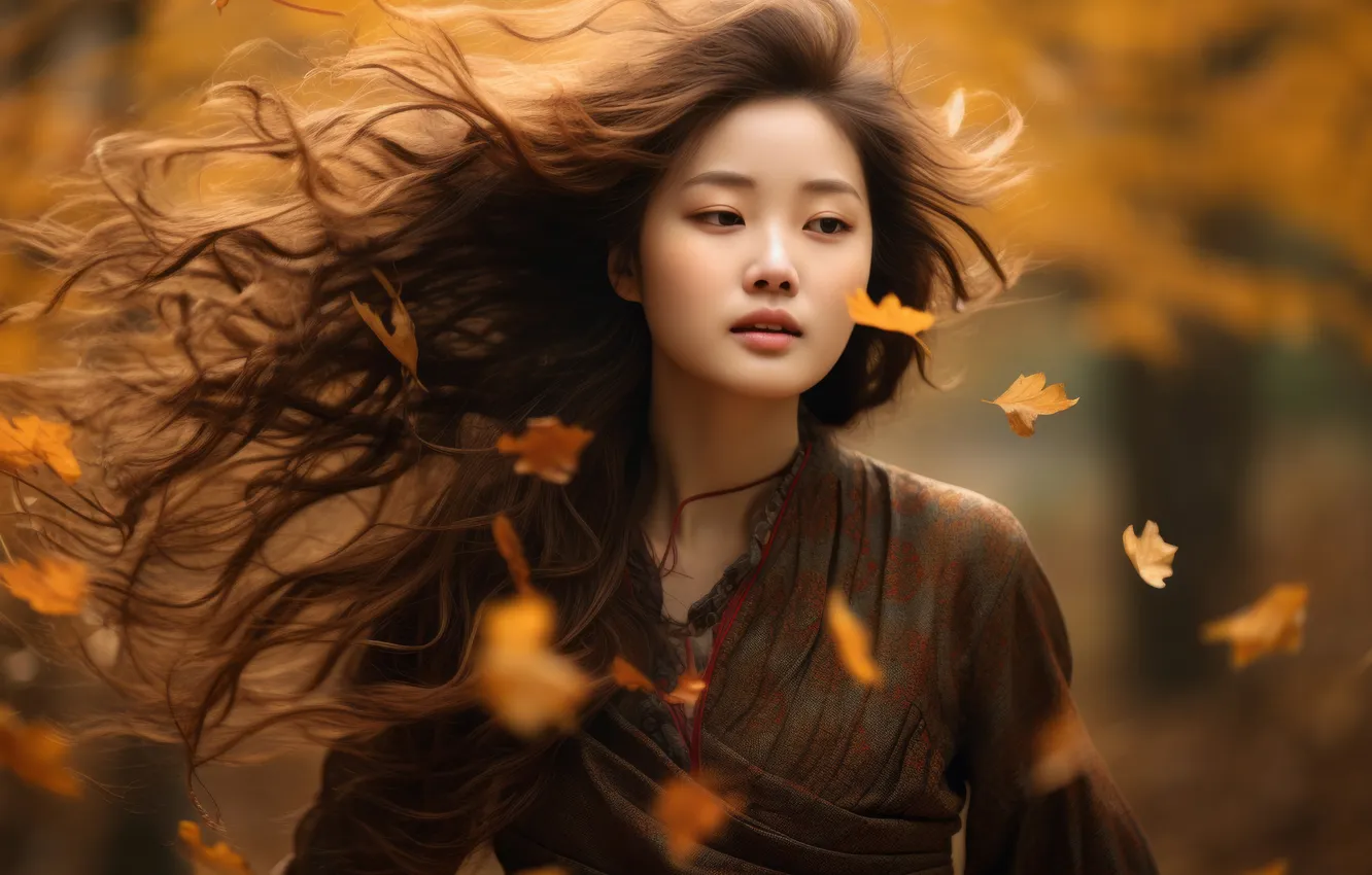 Photo wallpaper autumn, look, girl, light, nature, face, the wind, foliage
