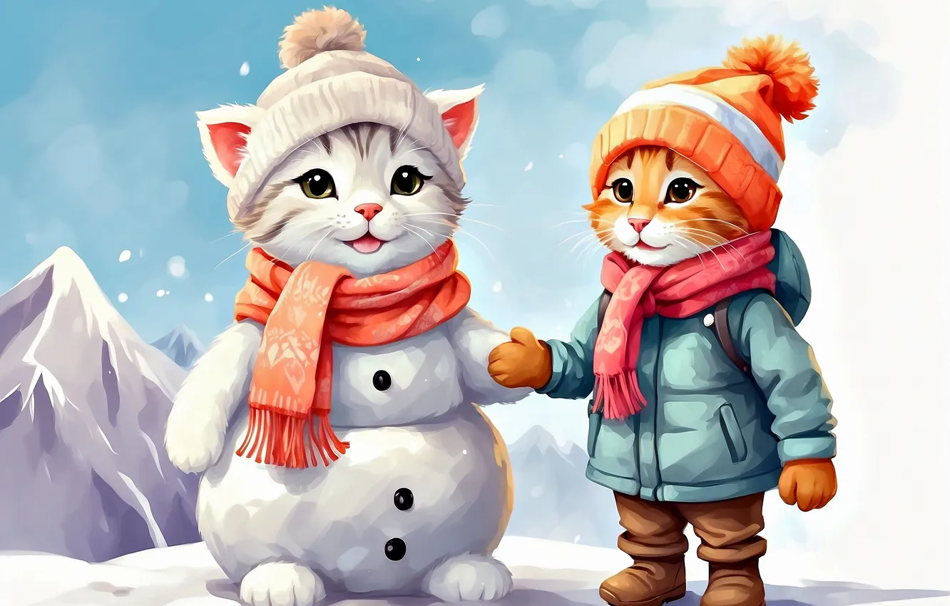 Photo wallpaper winter, cat, white, snow, cats, mountains, kitty, hat