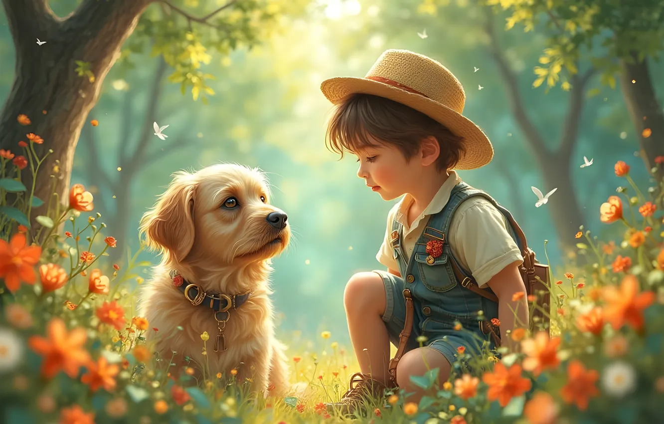 Photo wallpaper flowers, nature, Park, dog, hat, boy, puppy, AI art