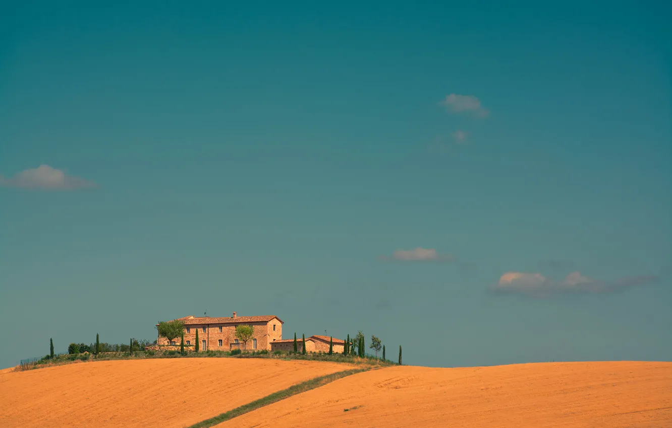 Photo wallpaper field, the sky, trees, house, Italy, farm, Tuscany