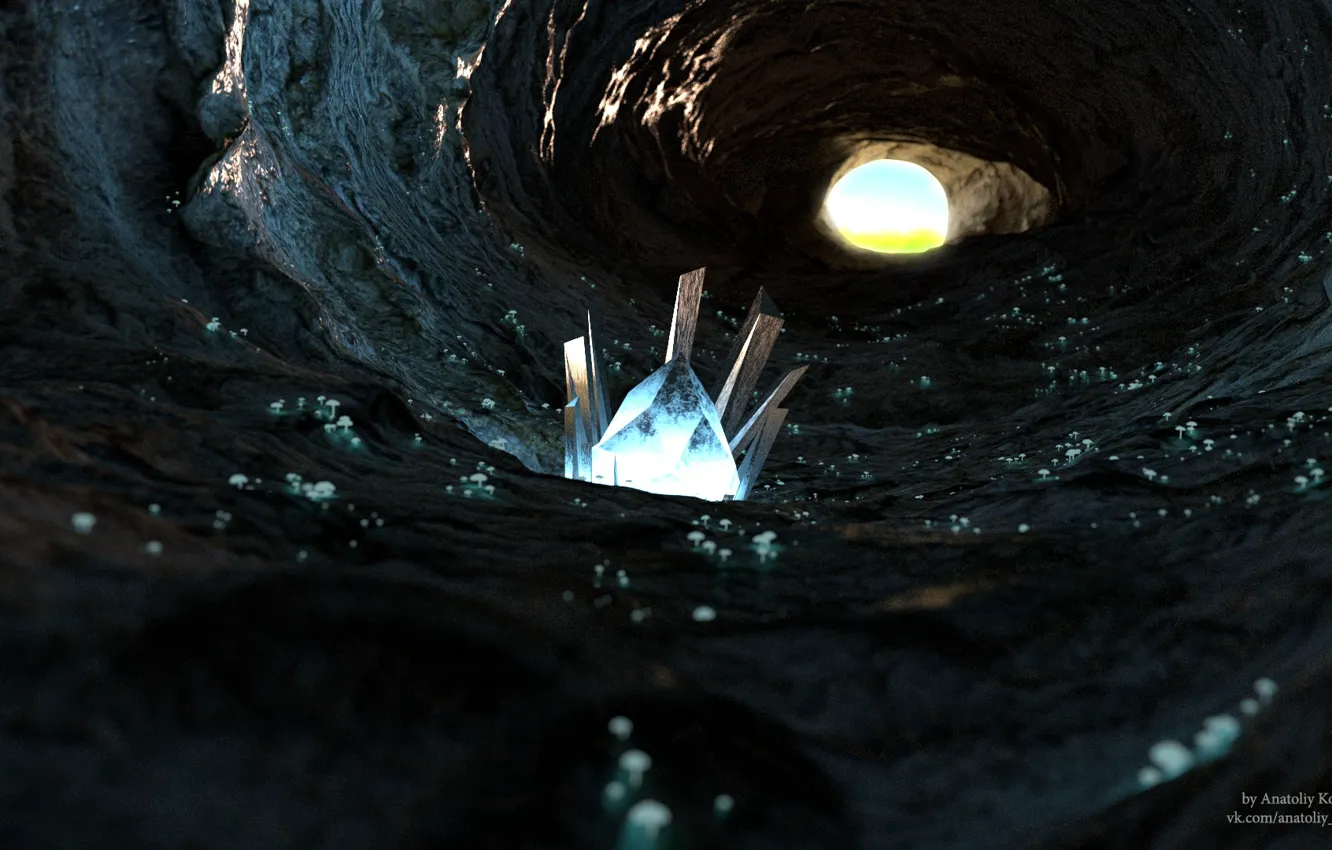 Photo wallpaper stones, mushrooms, cave, stone, emerald, cave, muschrooms