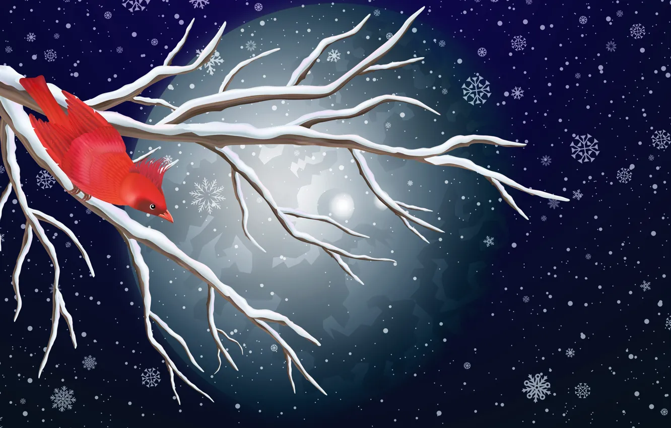 Photo wallpaper Winter, Minimalism, Bird, Snow, The moon, Branch, Snowflakes, Background