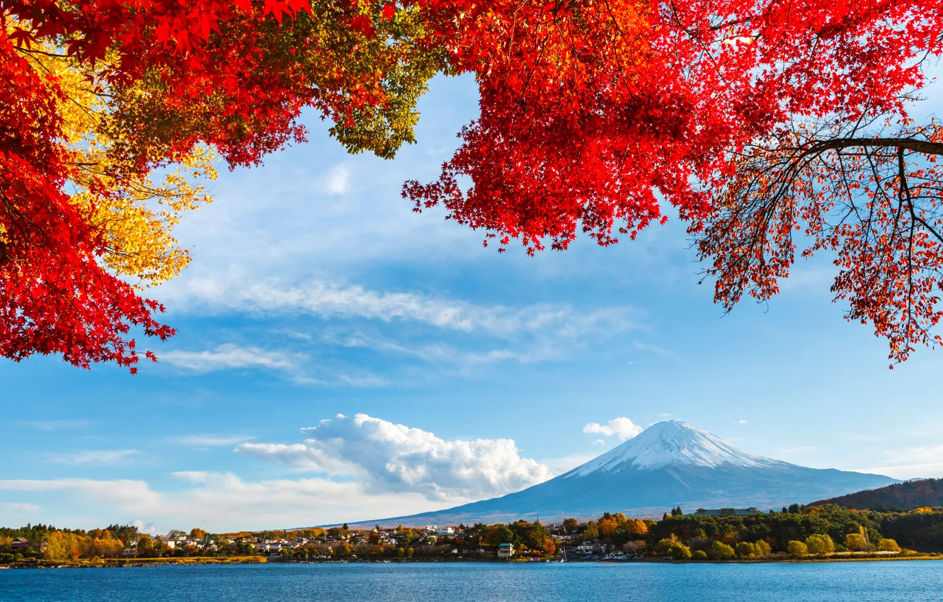 Photo wallpaper autumn, the sky, leaves, clouds, snow, trees, mountains, lake