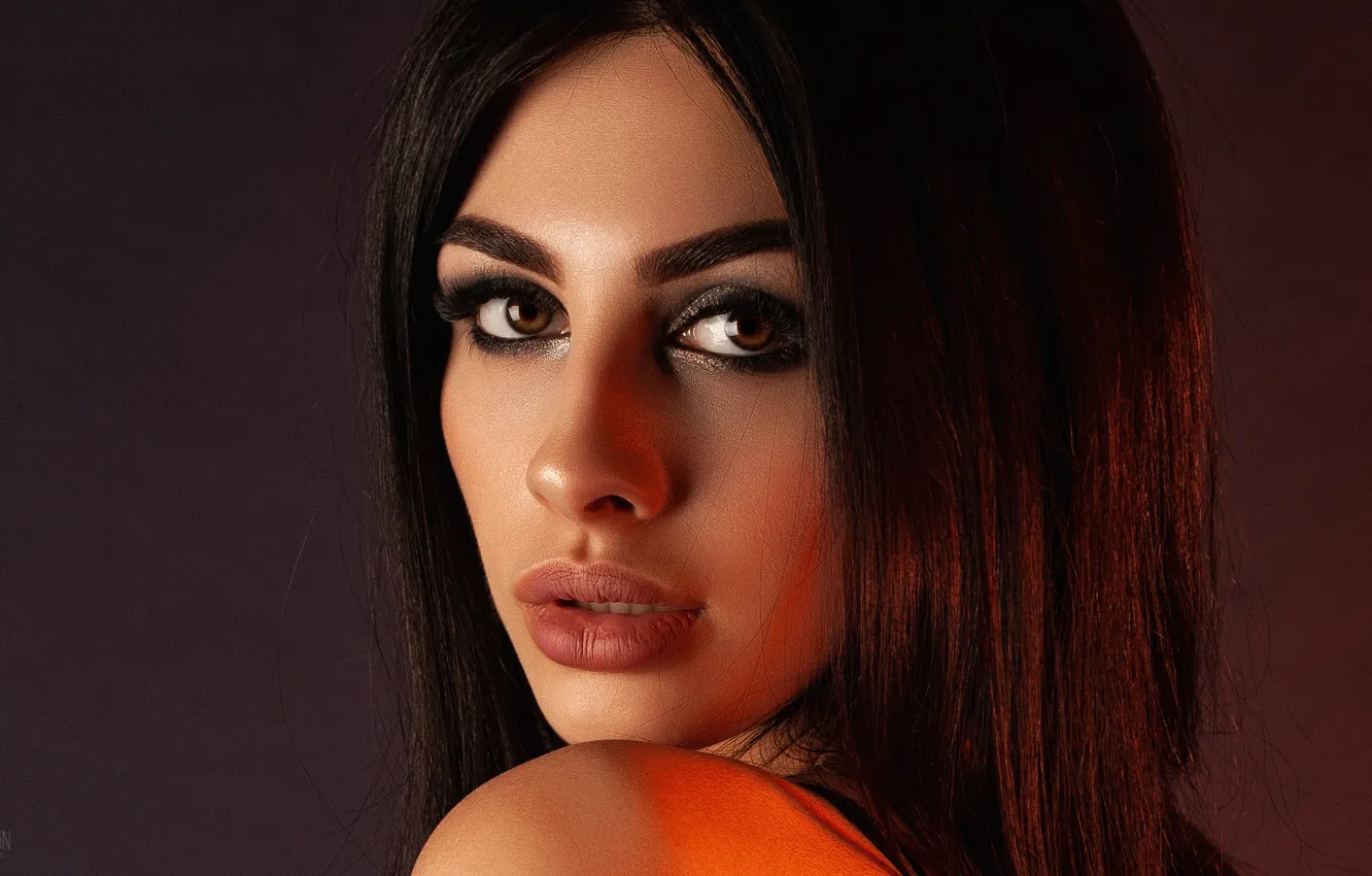 Photo wallpaper look, close-up, face, background, model, portrait, makeup, brunette