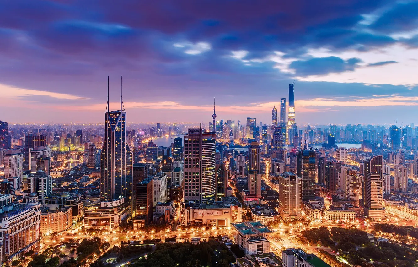Photo wallpaper city, lights, China, Shanghai, twilight, sky, sunset, clouds