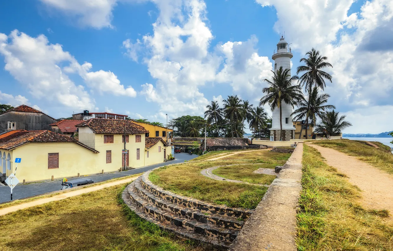 Photo wallpaper the sky, the sun, clouds, tropics, palm trees, lighthouse, Sri Lanka, Galle fort