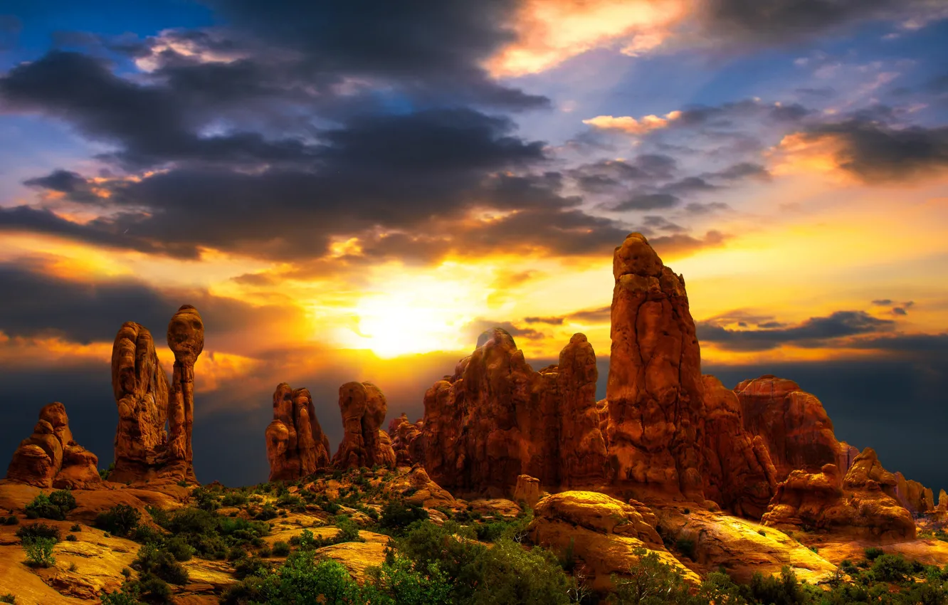 Photo wallpaper the sky, the sun, clouds, landscape, sunset, clouds, nature, stones