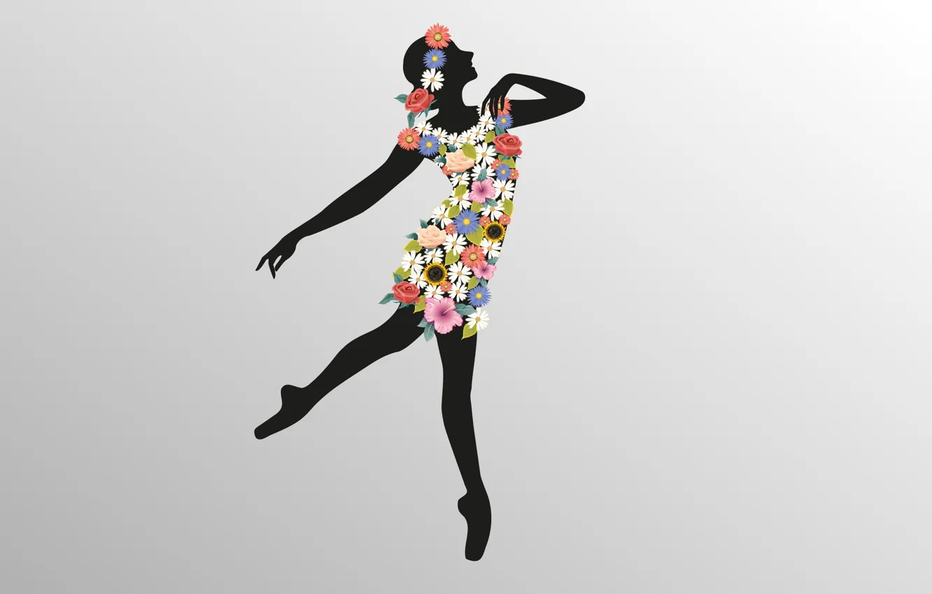 Photo wallpaper girl, flowers, figure, dance, vector, silhouette, grace, ballerina