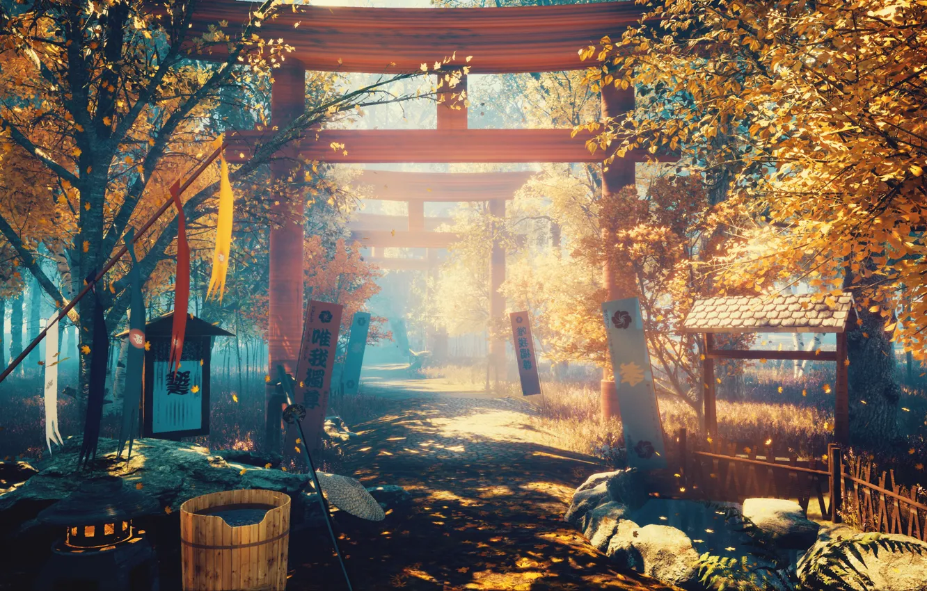 Photo wallpaper autumn, flowers, nature, torii