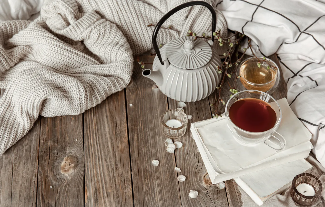Photo wallpaper comfort, heat, tea, Board, candles, petals, kettle, Cup