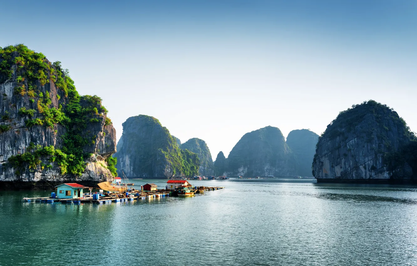 Photo wallpaper nature, lake, tropics, rocks, pier, Vietnam, Halong Bay