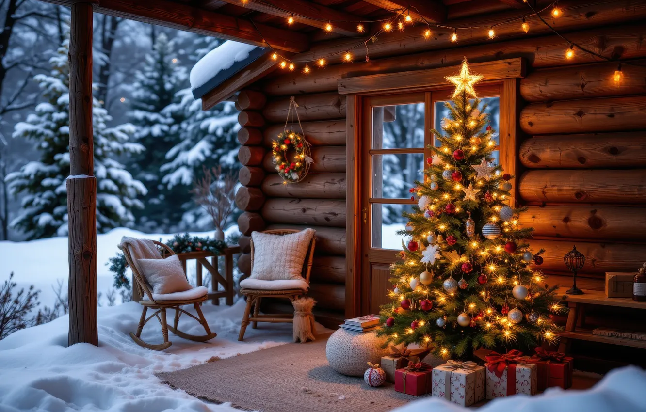 Photo wallpaper winter, frost, forest, balls, snow, lights, new year, ate