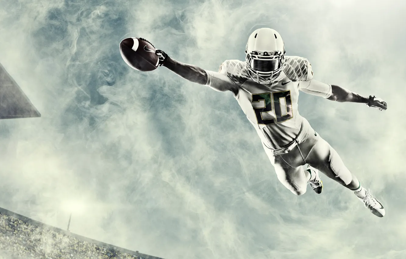 Photo wallpaper jump, the ball, helmet, athlete, Oregon, American football, NCAA, college football