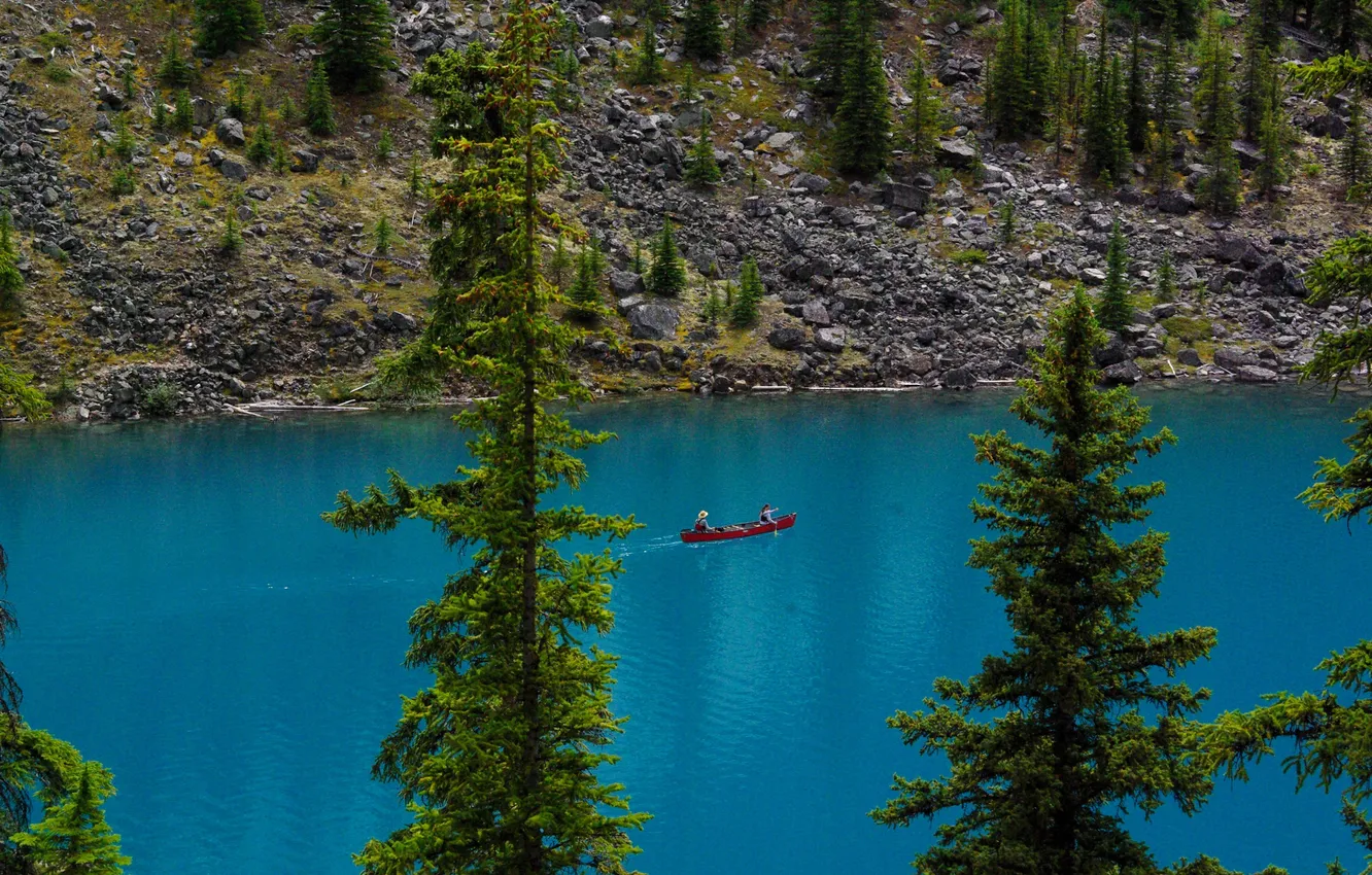 Photo wallpaper trees, lake, stones, shore, boat, Canada, Albert, Banff National Park
