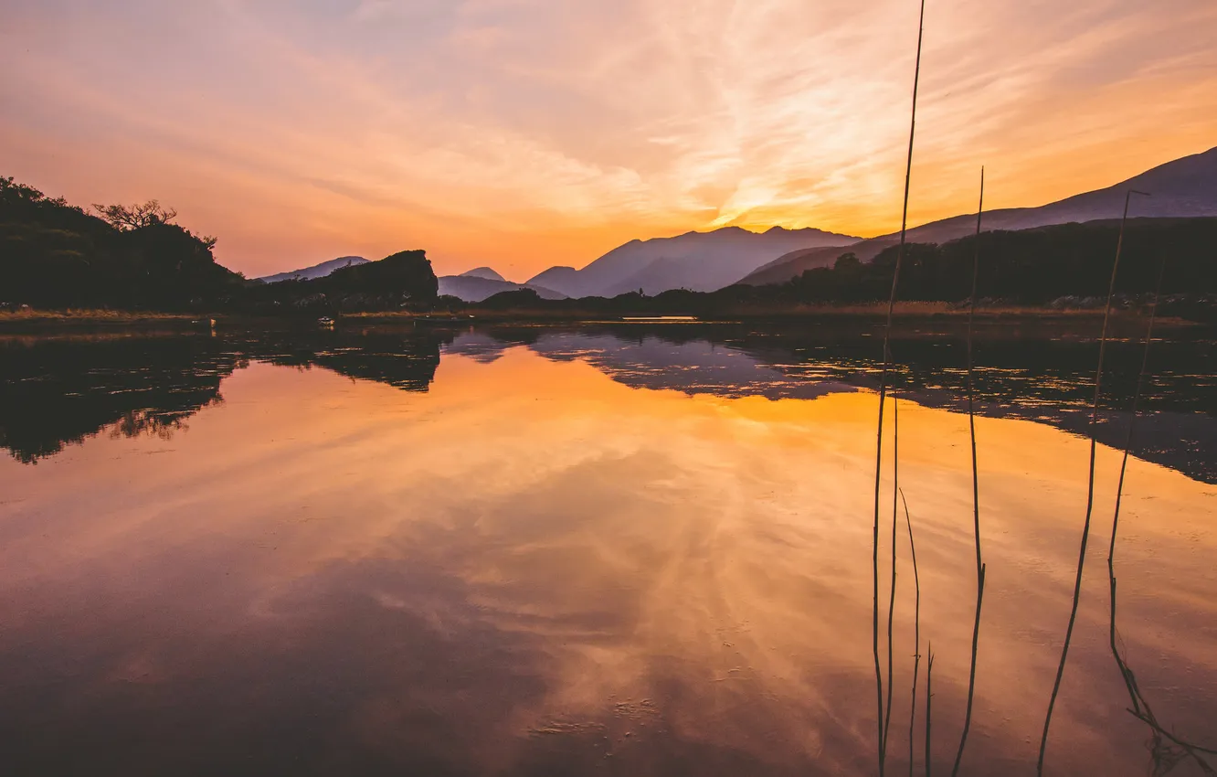 Photo wallpaper sunset, lake, reflection, hills, mirror