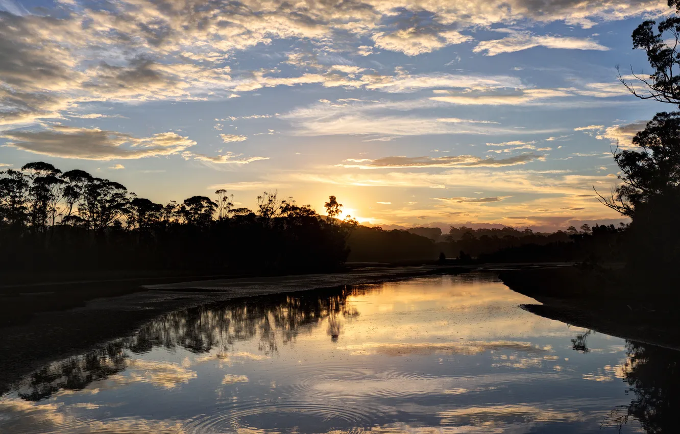 Photo wallpaper clouds, river, dawn