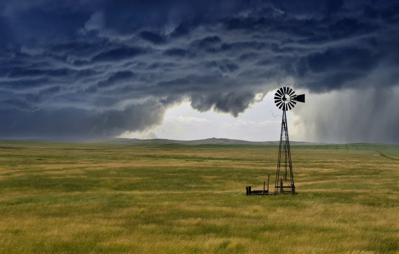 Photo wallpaper field, landscape, rain, windmills
