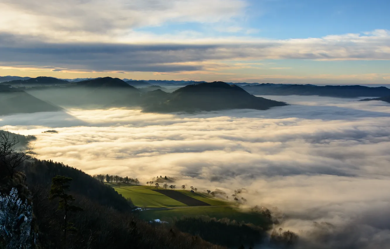 Photo wallpaper nature, clouds, fog, hills, Austria, Scheibbs, Erlauf valley, Danube