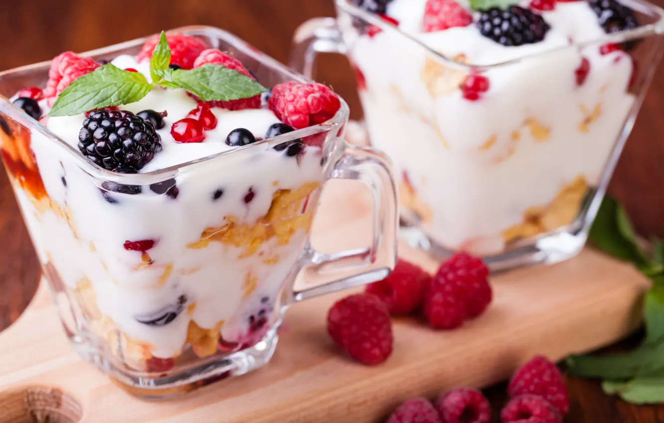 Photo wallpaper berries, raspberry, dessert, currants, yogurt