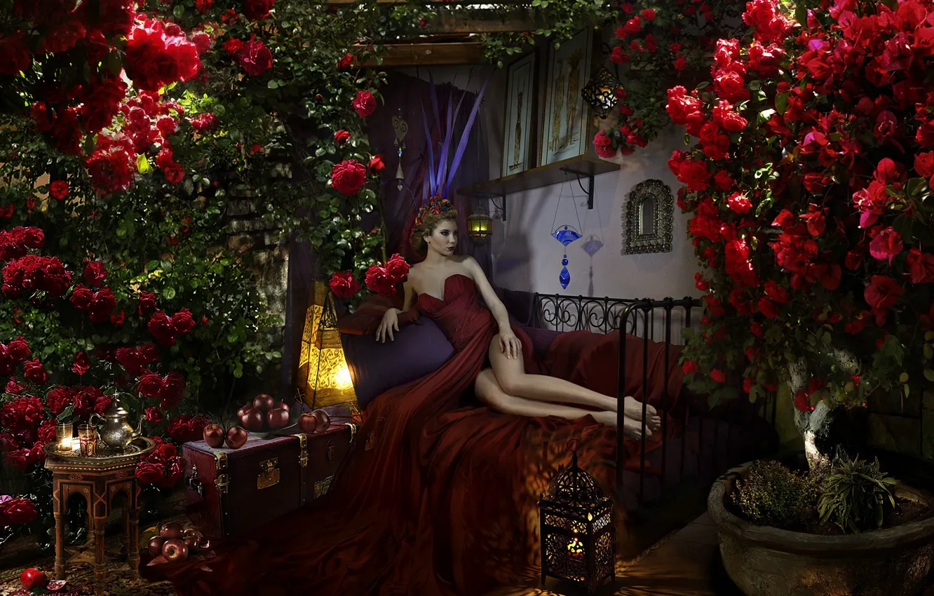 Photo wallpaper girl, roses, dress, fruit, legs