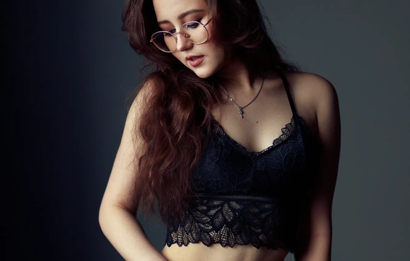 Photo wallpaper girl, pose, background, figure, glasses, long hair, Evgeny Bulatov, Nastya Nazarova