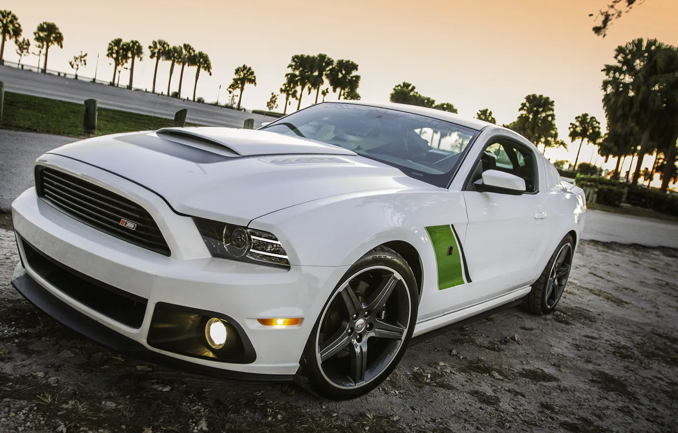 Photo wallpaper white, Ford, mustang, white, drives, muscle car, roush, green stripes