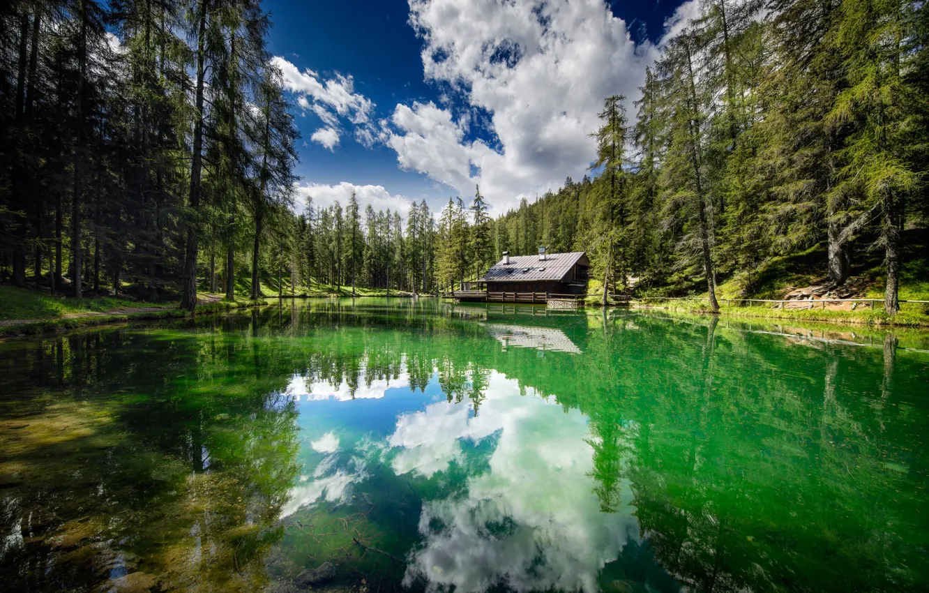 Photo wallpaper forest, trees, lake, house, reflection, Italy, Italy, Cortina d'ampezzo