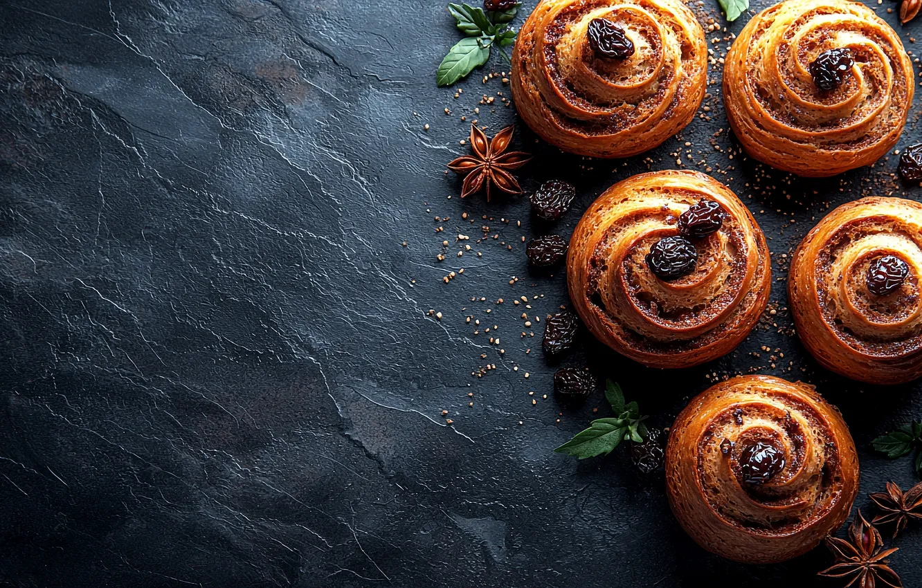 Photo wallpaper the dark background, spiral, bread, buns, raisins, Mac, Anis, dried fruits