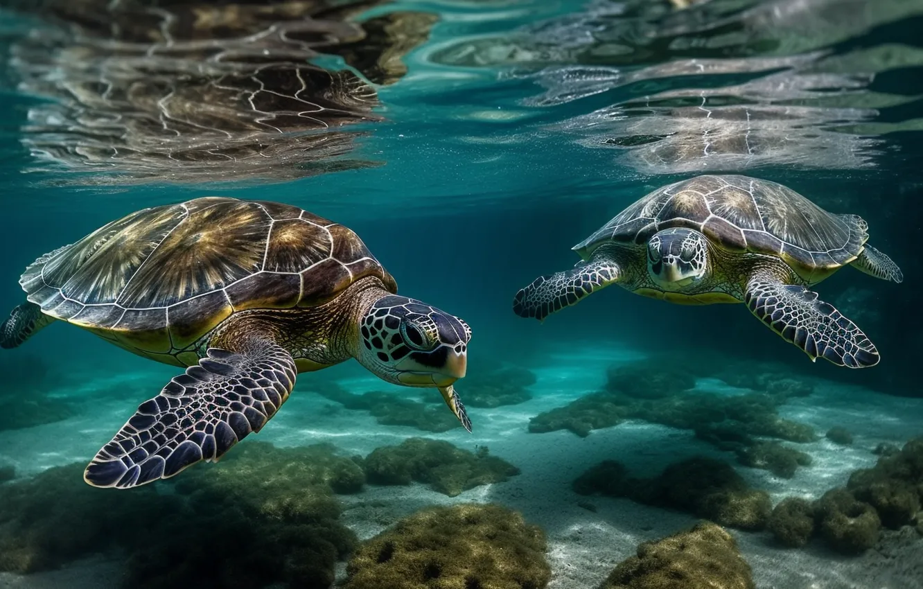 Photo wallpaper sea, the ocean, turtle, underwater world, sea turtle, sea turtles, AI art, neural network
