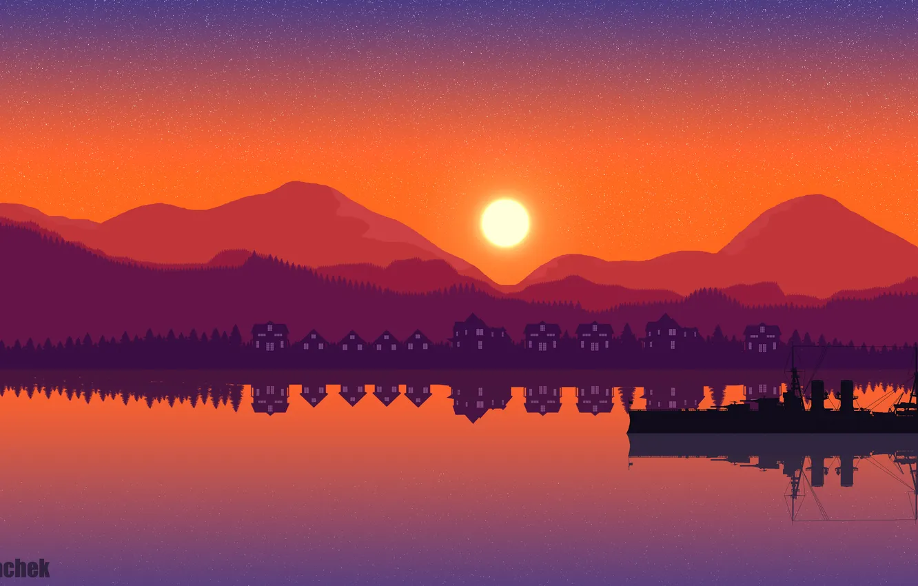 Photo wallpaper forest, the sky, water, trees, landscape, mountains, night, reflection