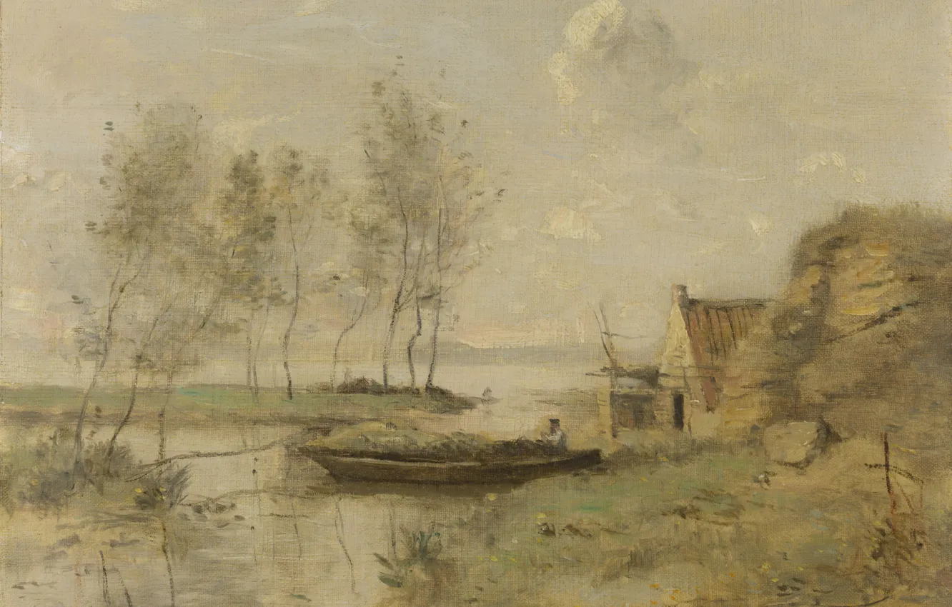 Photo wallpaper landscape, boat, picture, Souvenir of Palluel, Camille Corot, Jean-Baptiste-Camille Corot