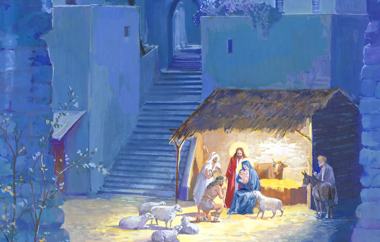 Photo wallpaper holiday, figure, sheep, Christmas, picture, the Bible, nursery, the shepherds