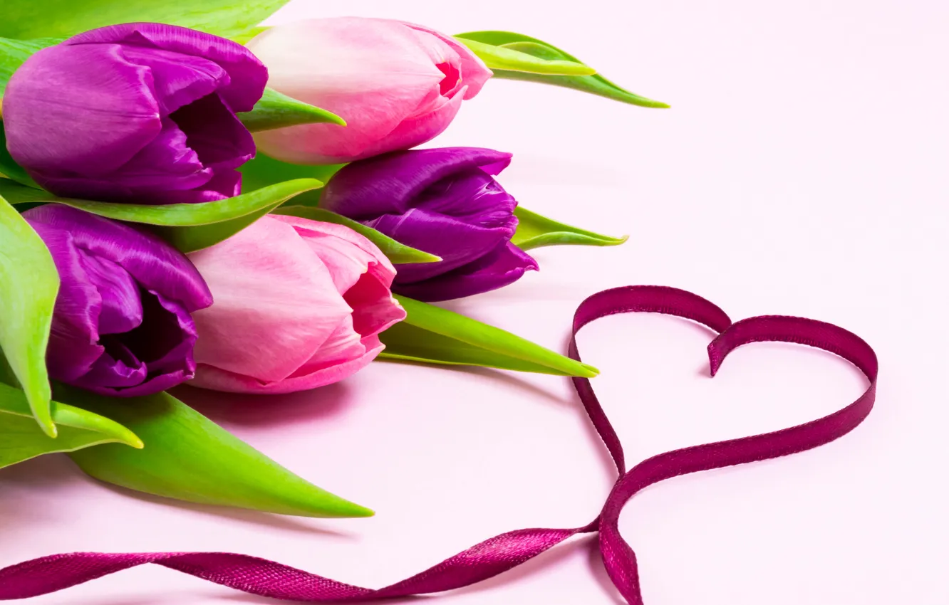 Photo wallpaper love, flowers, heart, bouquet, tape, tulips, love, heart