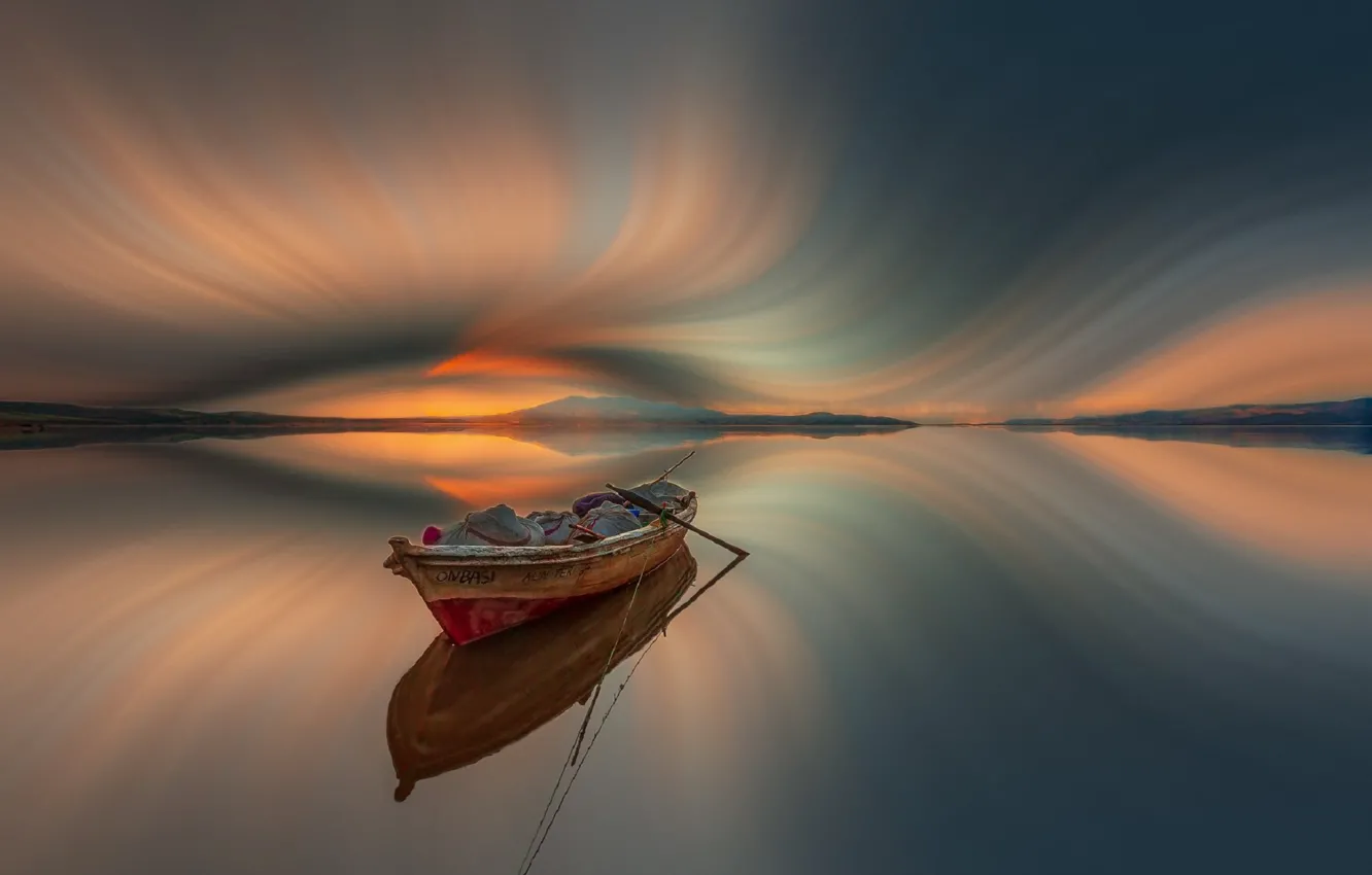 Photo wallpaper the sky, water, clouds, surface, surface, reflection, boat, mirror