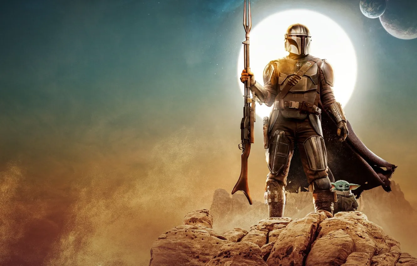 Photo wallpaper light, weapons, the moon, armor, baby, warrior, hunter, Mandalore
