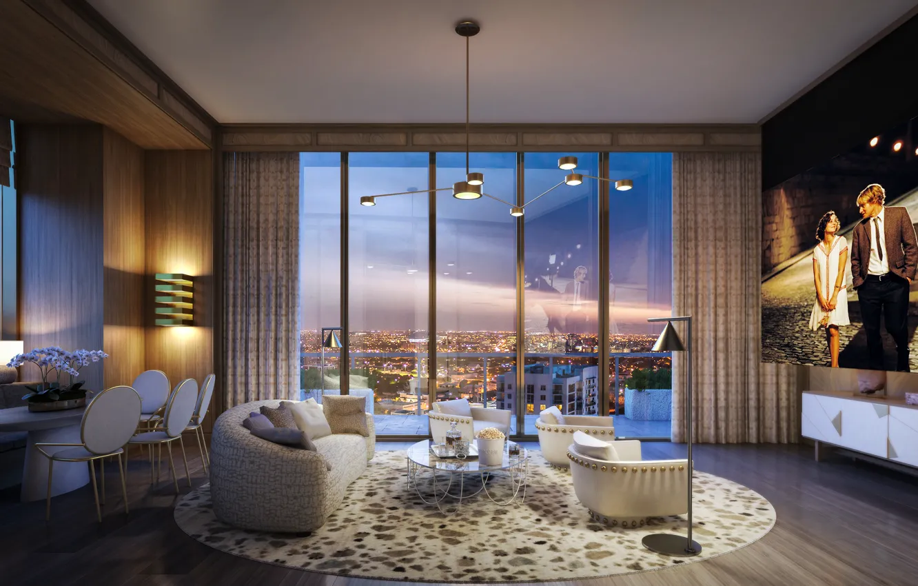 Photo wallpaper interior, Miami, megapolis, home theater, 30th floor, theater room