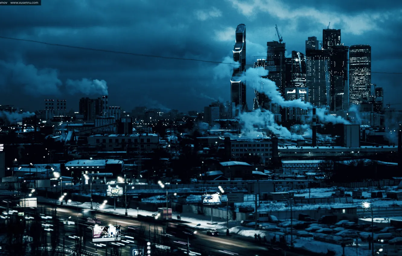Photo wallpaper blue, Apocalypse, skyscrapers, Russia, capital, ART.IRBIS Production, KhusenRustamov, Gloomy Weather