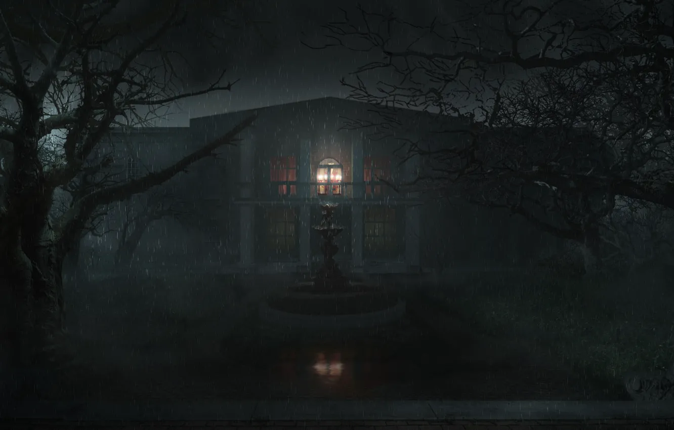 Photo wallpaper light, trees, night, house, rain, fountain, gloomy
