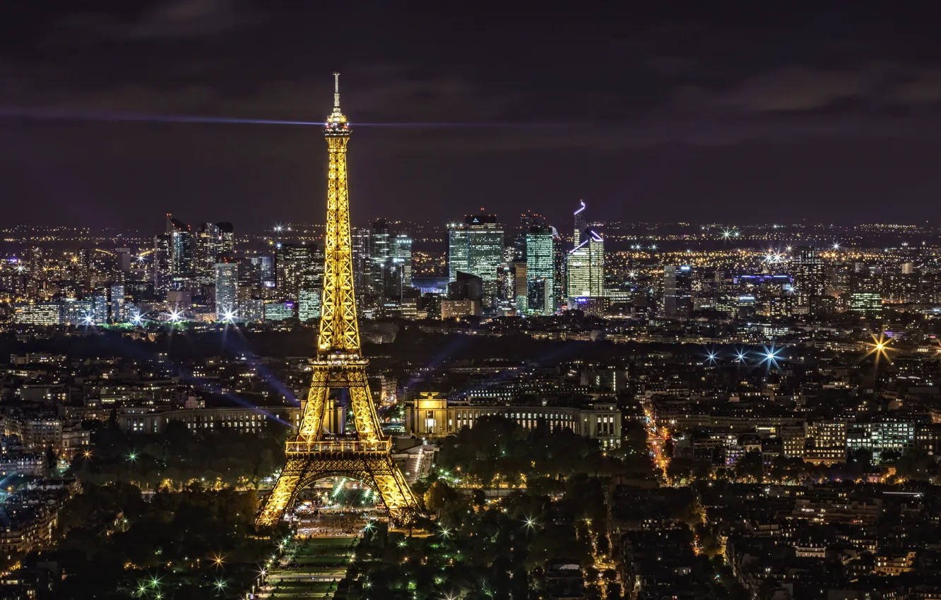 Photo wallpaper night, lights, Eiffel tower, France, Paris, panorama
